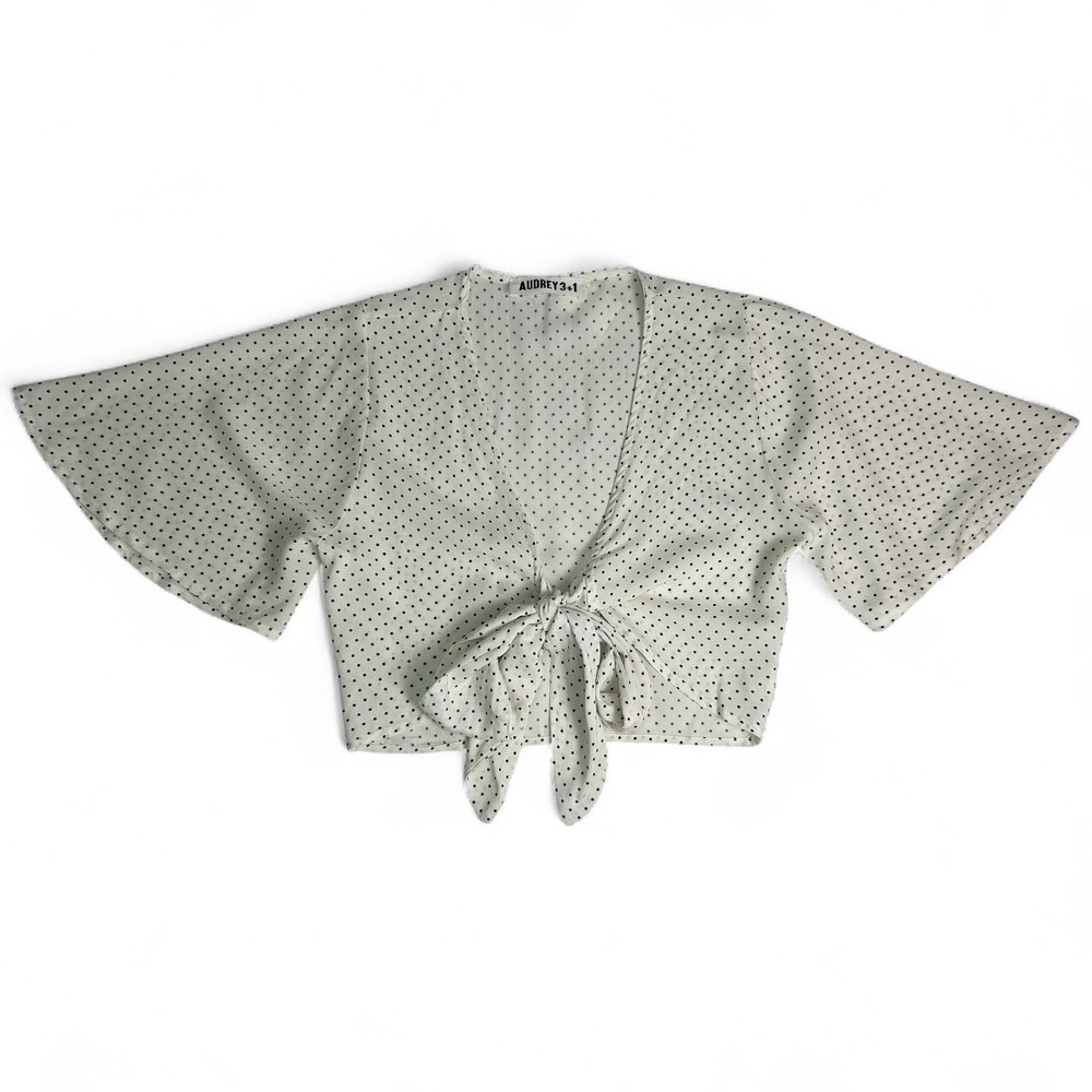 NWT Audrey 3+1 Polka Dot Tie Front Crop Top Small Kimono Bell Sleeve